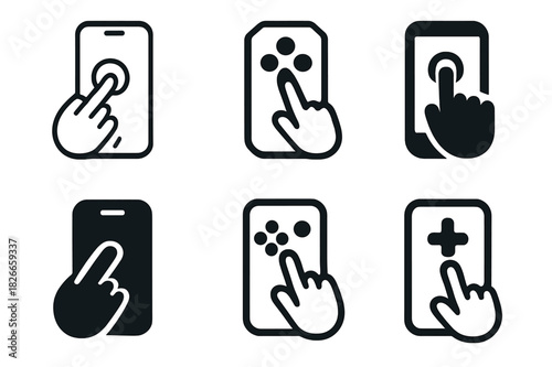 Mobile Gaming Icons. Playing a mobile game on the go. Icon set. Set Logo of mobile gaming: smartphone with touch gestures. harmonious logo variations of the