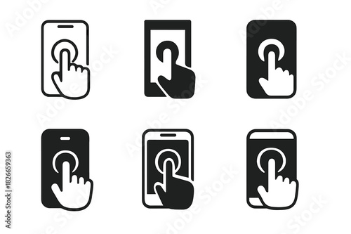 Mobile Gaming Icons. Playing a mobile game on the go. Icon set. Set Logo of mobile gaming: smartphone with touch gestures. harmonious logo variations of the