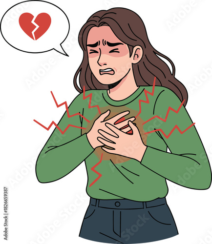 Vector illustration of young woman suffering from severe chest pain or heart attack holding her chest with broken heart symbol in speech bubble art.