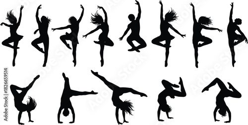 dance silhouette poses set, energetic dancer movements, expressive choreography collection, dynamic body motion illustration, performing arts vector design pack