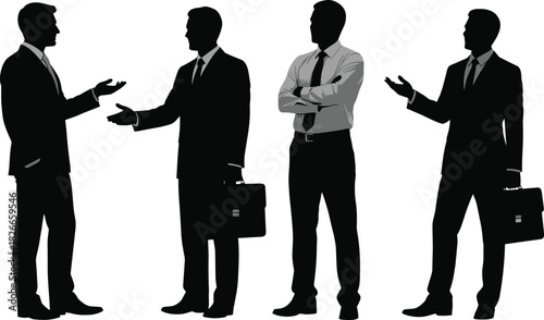 Vector silhouette collection of four businessmen in suits shaking hands talking and standing confidently with briefcases isolated on white background for corporate business concept.
