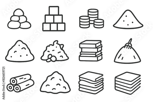 Monoline Icon Set. Heap. Line icon set of Heap: pile of stones, stack of boxes, heap of coins, sand mound, compost pile, garbage heap, book stack, haystack,