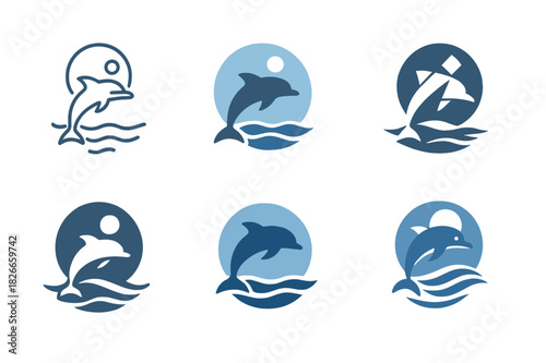 Moonlit Marine Icons. Marine life under moonlit waters. Icon set. Set Logo of marine life under moonlit waters: dolphin under full moon. harmonious logo