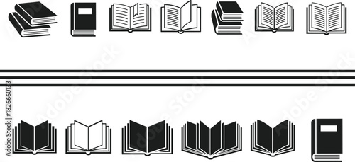 Collection of black and white illustrations of open and closed books