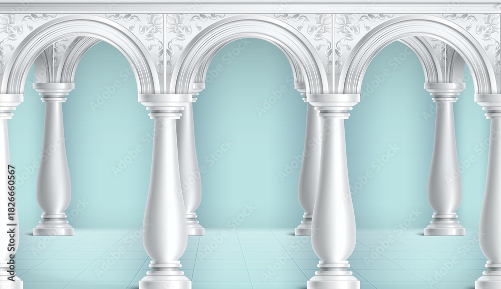 Fototapeta premium White stone arches with baluster columns and blue gradient background realistic