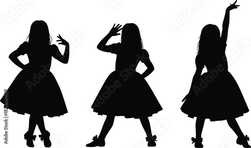 Dancing girl silhouette, child dance pose, vector illustration, expressive movement clipart, black and white design, ballet gesture graphic