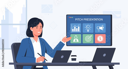 Successful Businesswoman Presenting A Pitch Presentation At Modern Office