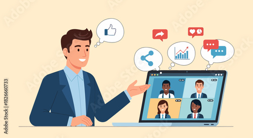 Virtual Meeting Presentation Man With Computer And Diverse Colleagues