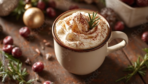 Eggnog Latte, creamy spiced holiday drink with steamed milk, nutmeg aroma, smooth frothy top, warm festive café-style beverage visuals
