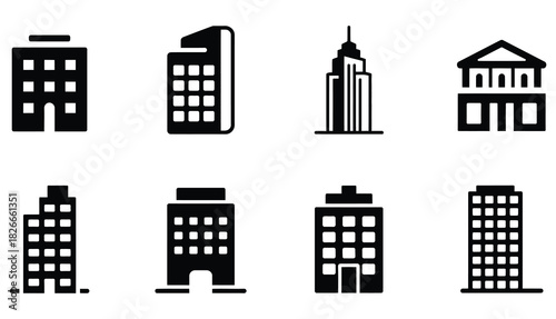 Discover striking building icons perfect for architectural designs and urban planning projects, ideal for presentations and providing a clean, modern aesthetic to enhance any cityscape