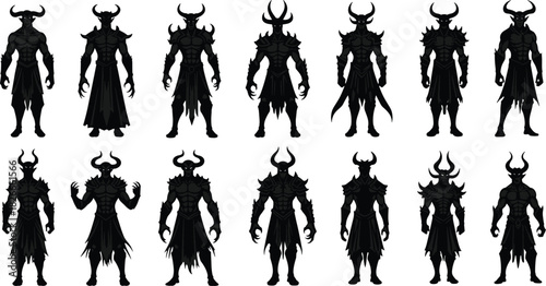 Dark fantasy warrior silhouette, demonic armor vector, horned helmet design, villain character set, black graphic art, gothic battle concept