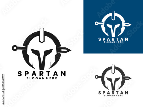 Spartan helmet with sword and circle logo design vector template. Spartan logo design vector
