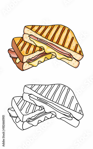 Breakfast Healthy sandwich with ham and cheese coloring pages for kids
