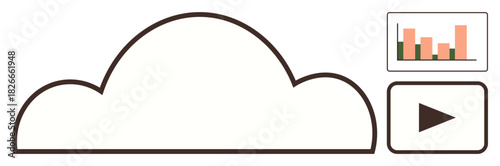 Cloud outline with bar chart and video play button symbols. Ideal for technology, cloud storage, data analytics, multimedia access, online streaming, remote work, and digital innovation. A simple