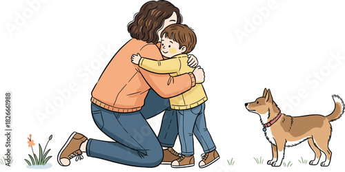 Woman hugging child outdoors, emotional bonding, family love, dog watching, warm embrace, grass and flower, black and white illustration, companionship, affection, parenting moment