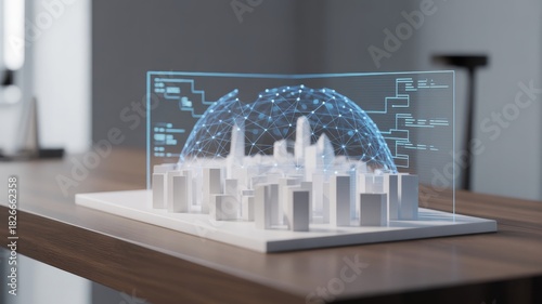 Above the model, a translucent blue holographic projection of a data sphere, composed of interconnected lines and dots, hovers.