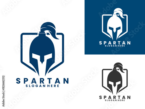 Spartan helmet with pentagon line logo design concept. Spartan logo design vector template