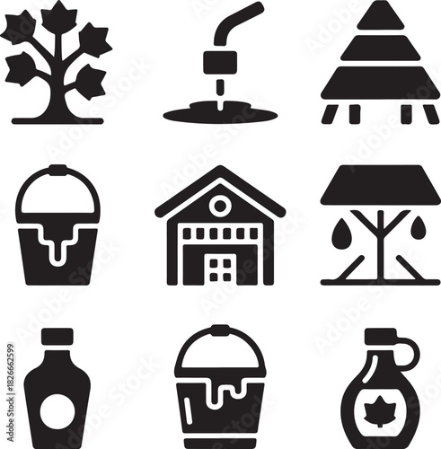 Maple syrup, tapping tree, bucket collection, sugar house, pancake topping, sweet sap