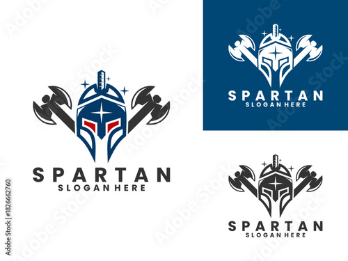 Spartan helmet with axe logo design vector template. Spartan logo design