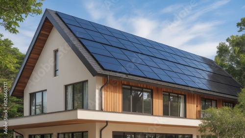 Family house with a steep gabled roof completely covered in dark, highly efficient solar panels.
