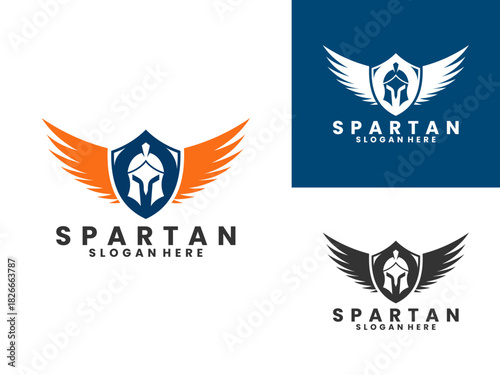 Spartan helmet with shield and wings logo design. Vintage Spartan logo design vector template