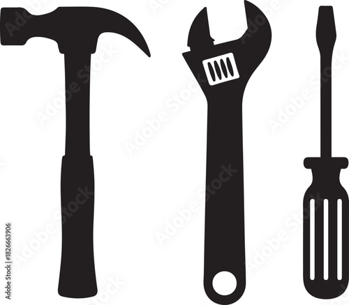 Tool Silhouette Set Hammer, Wrench, and Screwdriver Vector Illustration