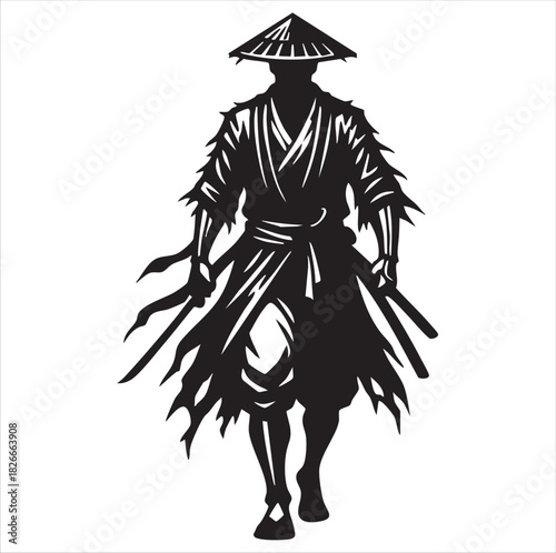 This image displays a highly detailed black silhouette vector graphic of a lone Japanese warrior figure, likely a Samurai or a Ronin (masterless samurai). The figure is wearing a conical straw hat (ka