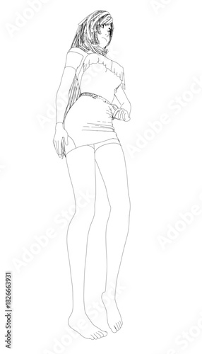 A beautiful girl with long flowing hair stands gracefully in a sexy dress, sketched in an elegant artistic style.