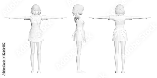 A girl in a white apron dress strikes a t pose from Attack on Titan, rendered in a polygonal art style against a clean white set.