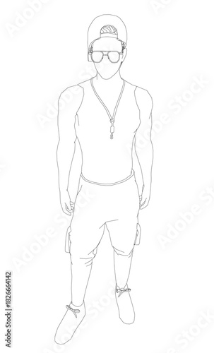 A man wearing a hat, sunglasses, and a t-shirt stands against a white background. He has on shorts and sneakers.