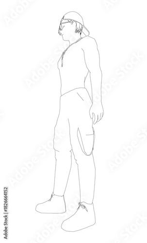 A man wearing a cap, glasses, and pants stands against a white background in a detailed sketch style.