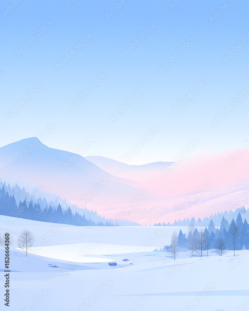 Fototapeta premium Flat vector snowy scenery pastel gradient sky calm airy blank area
