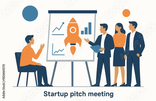 Business team in startup pitch meeting with presentation on rocket growth