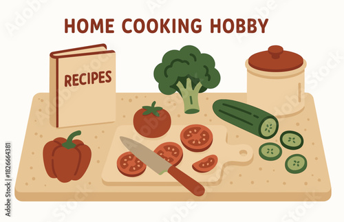 Home cooking hobby: vegetables, recipe book, and cutting board scene