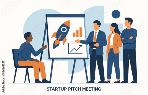 Business team collaborating on growth strategies during startup pitch meeting