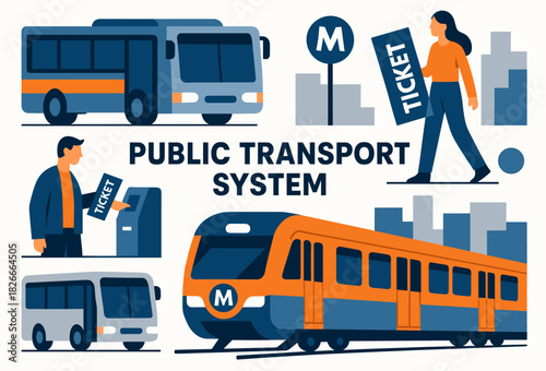 Public transport system: buses, ticketing, train, and passengers