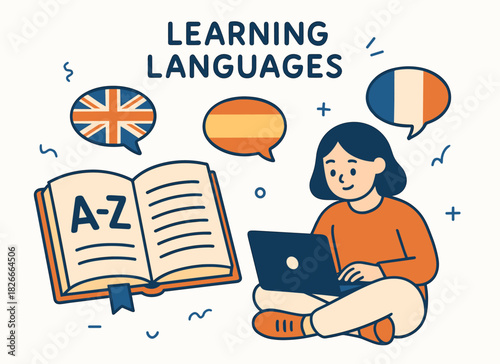 Language learning illustration with female character and international flags