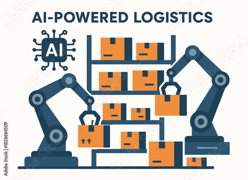 Robotic arms and ai in warehouse logistics with cardboard boxes