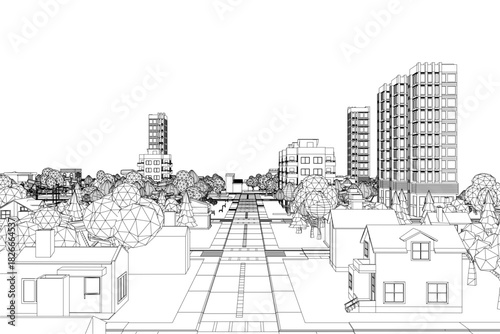 Low poly cityscape with contour line buildings, trees, and a walkway creating depth. The black and white drawing uses geometric shapes for a modern architectural aesthetic.