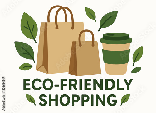Eco-friendly shopping with reusable bags and cups surrounded by green leaves
