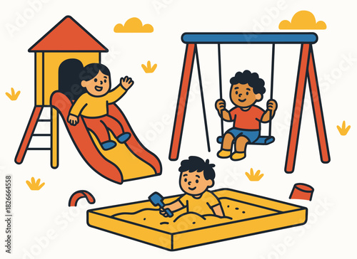 Children playing outdoors: slide, swing, sandbox fun in a playground