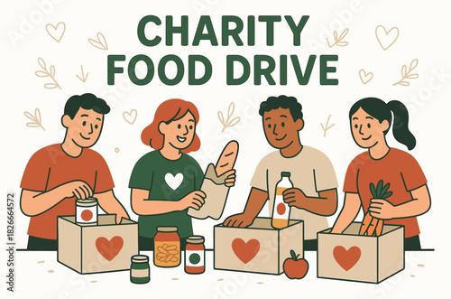 Diverse group volunteering at charity food drive, packing donations