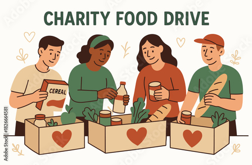 Group of diverse adults volunteering at charity food drive event