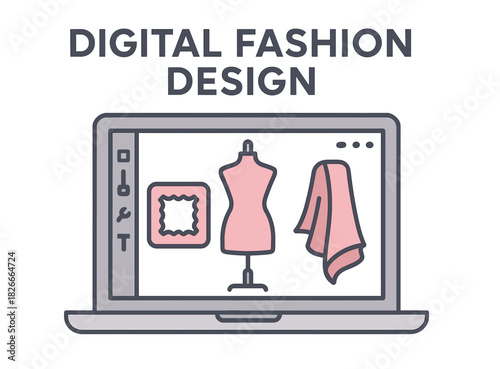 Laptop screen displaying digital fashion design software with dress form and fabric