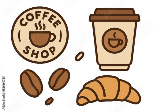 Coffee shop elements with cup, beans, and croissant illustration