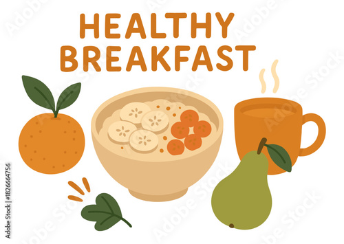 Nutritious breakfast bowl with fruit and hot beverage