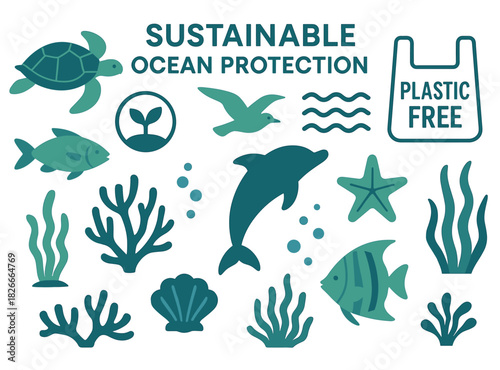 Sustainable ocean protection design with marine life and plastic-free message