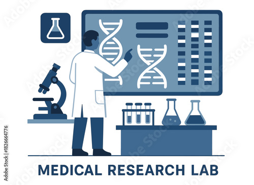 Male scientist in medical research lab analyzing dna sequences and chemical samples