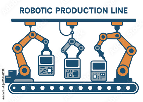 Automated robotic production line with mechanical arms assembling electronic components