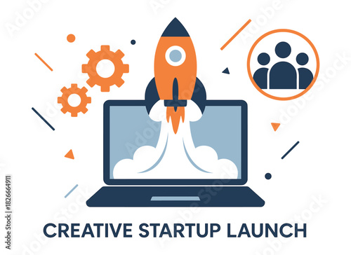 Innovative startup launch with rocket and laptop illustration